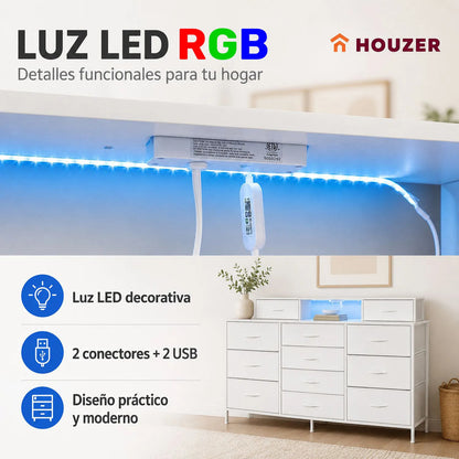 Comoda Cajonera 12 Cajones Tela Enchufes Usb Luz Led Rgb Blanco