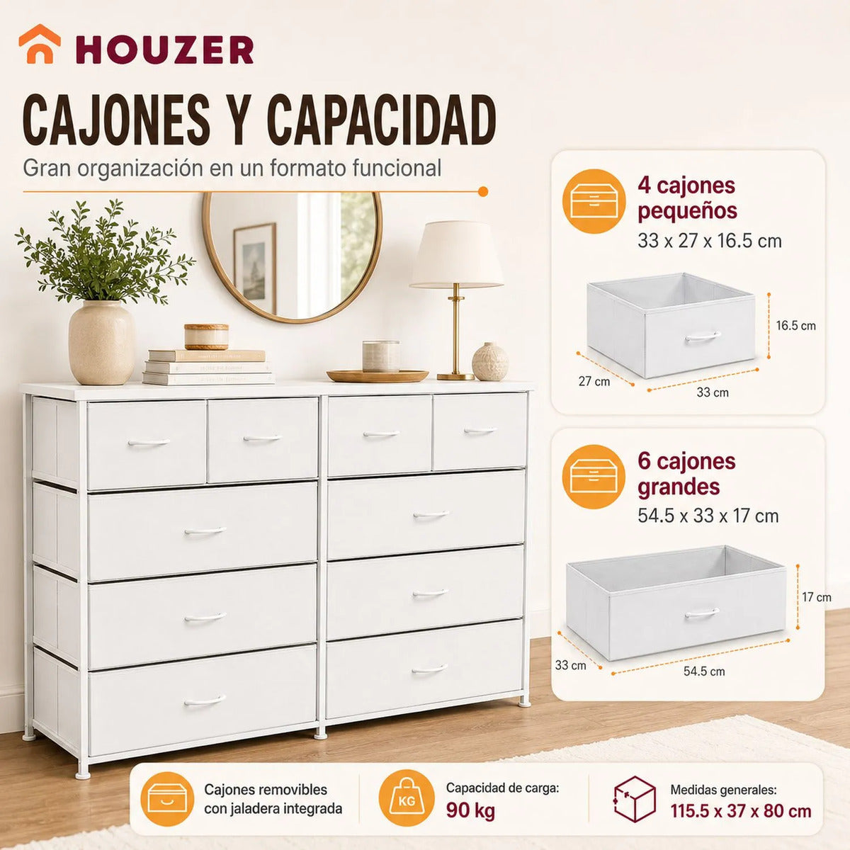 Comoda Cajonera 10 Cajones Tela Marco Acero Organizador Blanco