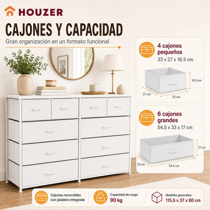 Comoda Cajonera 10 Cajones Tela Marco Acero Organizador Blanco