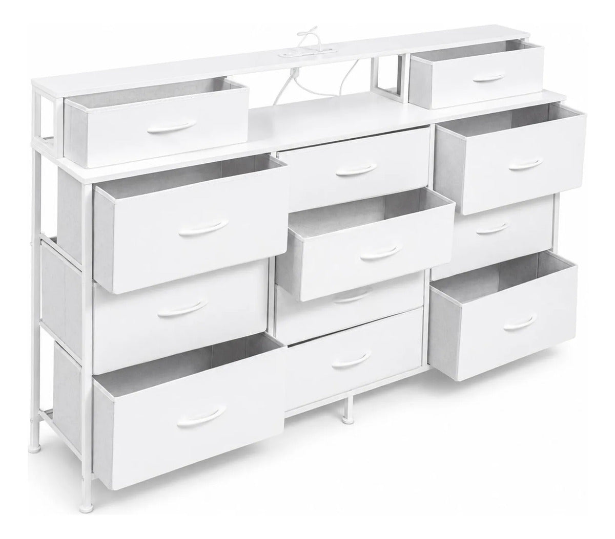 Comoda Cajonera 12 Cajones Tela Enchufes Usb Luz Led Rgb Blanco