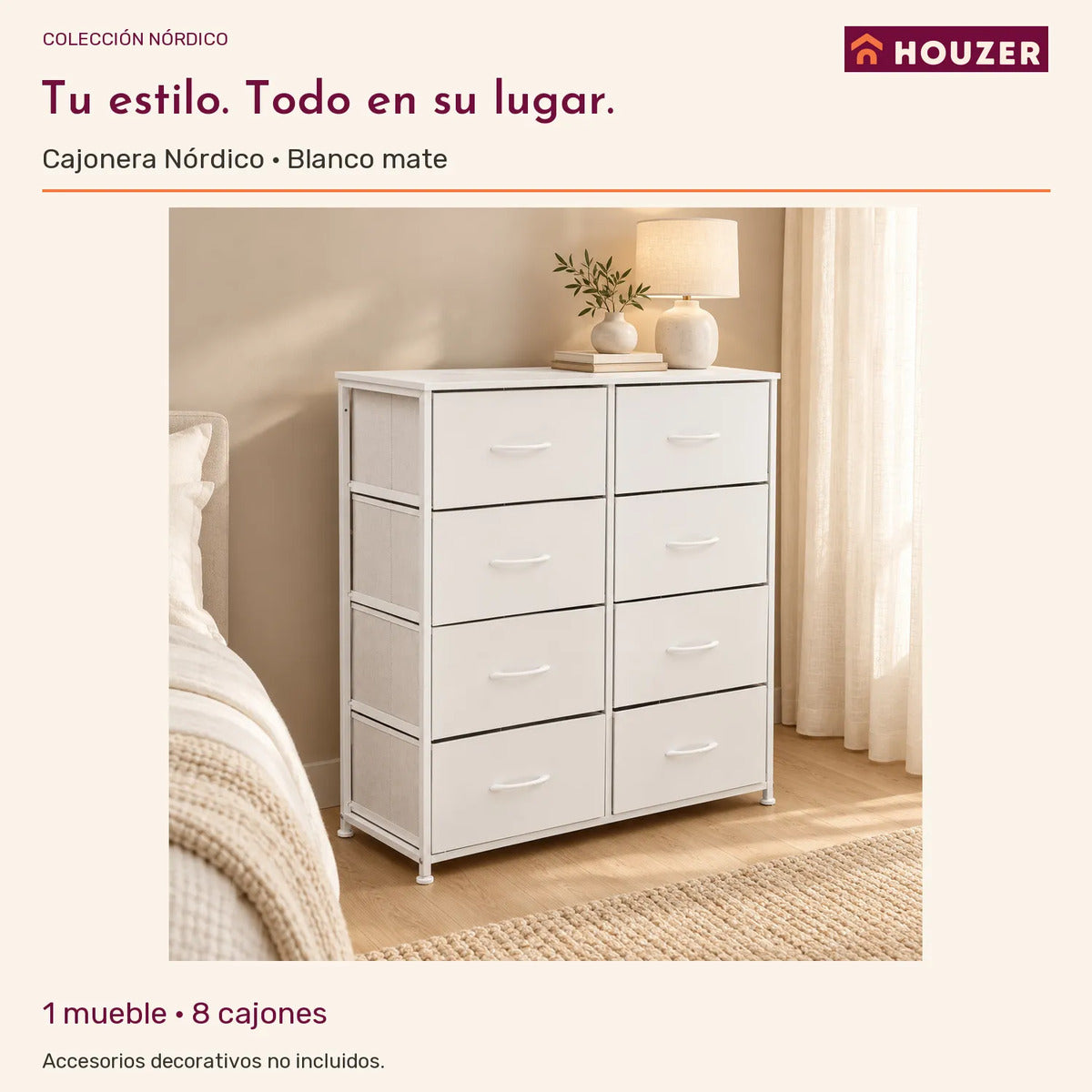 Comoda Cajonera Organizador Vertical 8 Cajones Acero Repisa Blanco