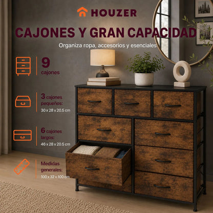 Comoda Cajonera 9 Cajones Tela Marco Acero Organizador Marrón