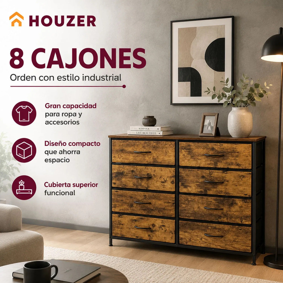 Comoda Cajonera Industrial Country 8 Cajones Organizador Marrón