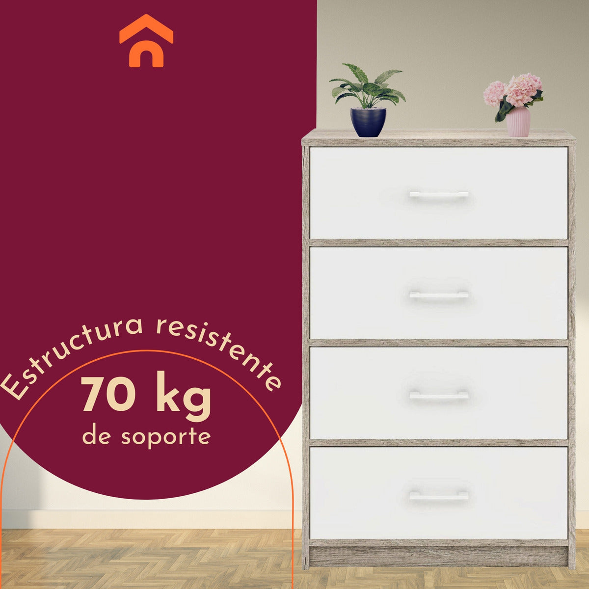 Mueble Comoda Cajonera 4 Cajones Tela Estructura Acero Mdf Color Beige