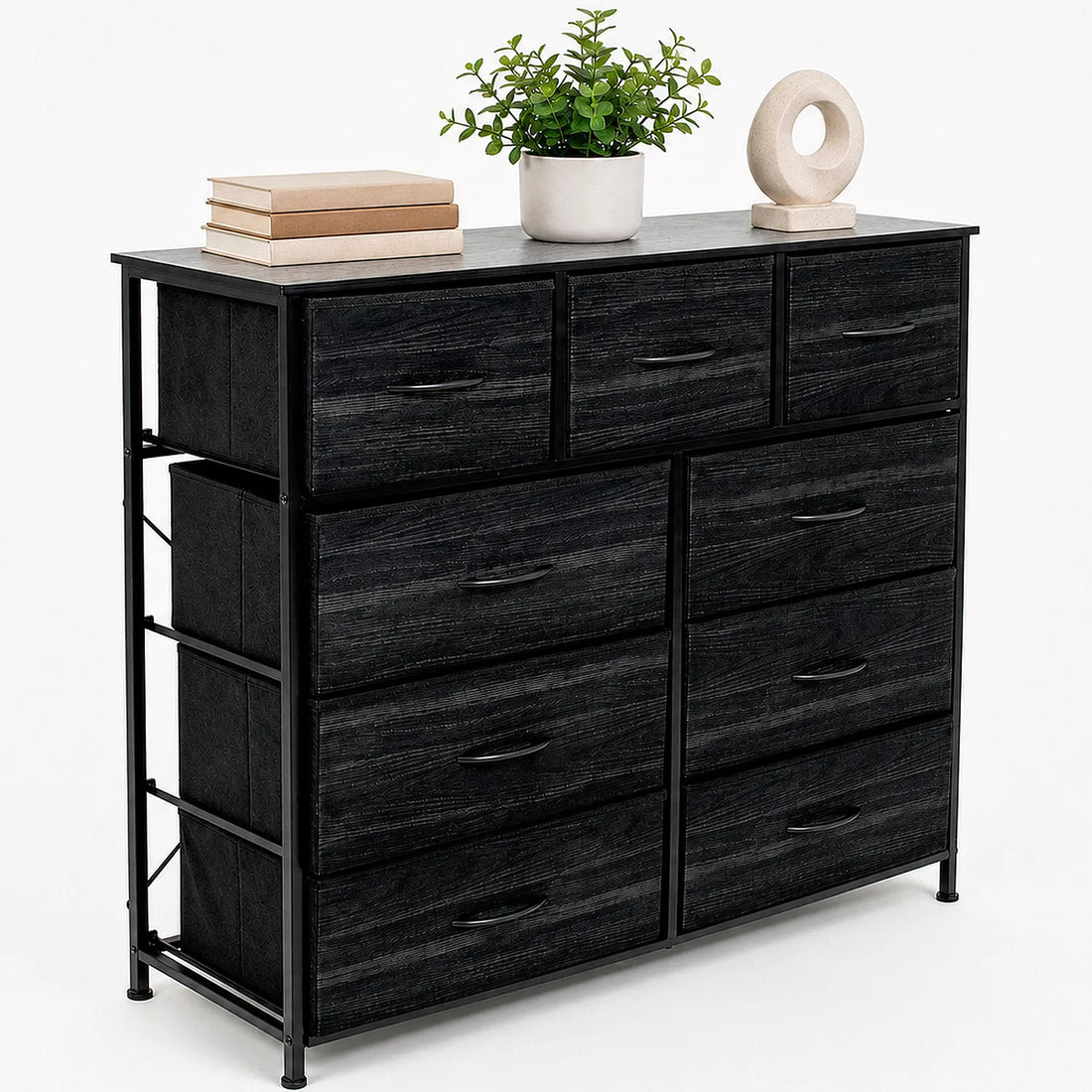 Comoda Cajonera 9 Cajones Tela Marco Acero Organizador Negro