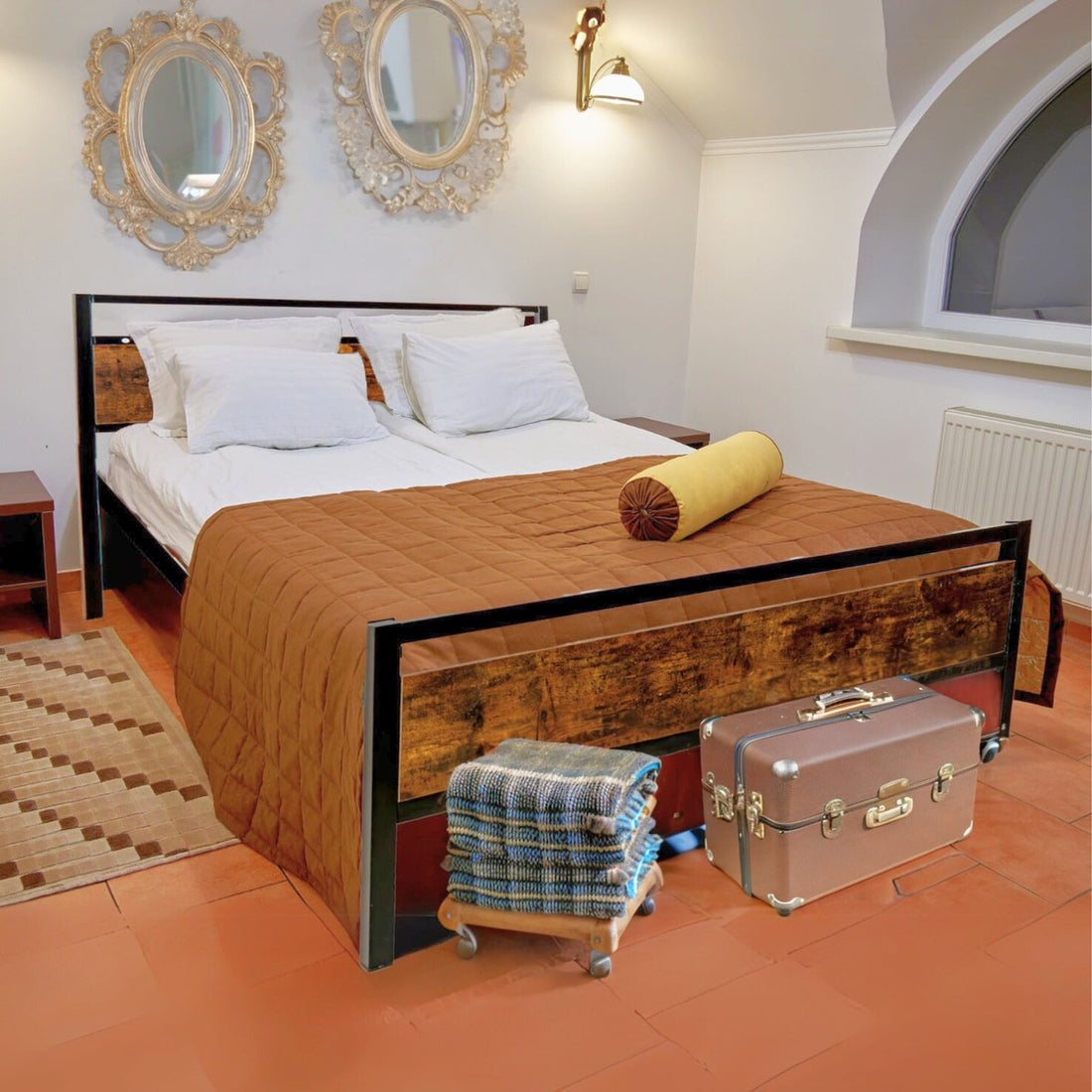 Recamara Matrimonial Colchon Memory Foam Cama Acero Moderna Color Café Country