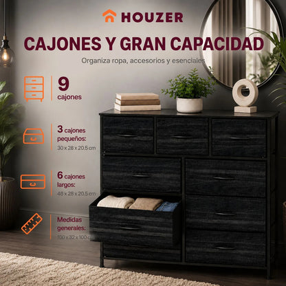 Comoda Cajonera 9 Cajones Tela Marco Acero Organizador Negro