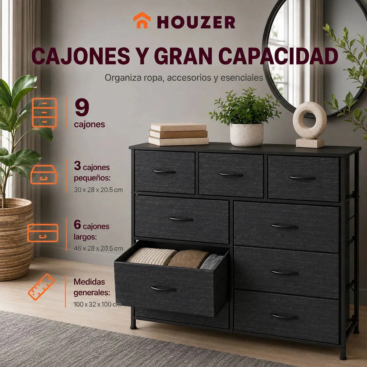 Comoda Cajonera 9 Cajones Tela Marco Acero Organizador Gris