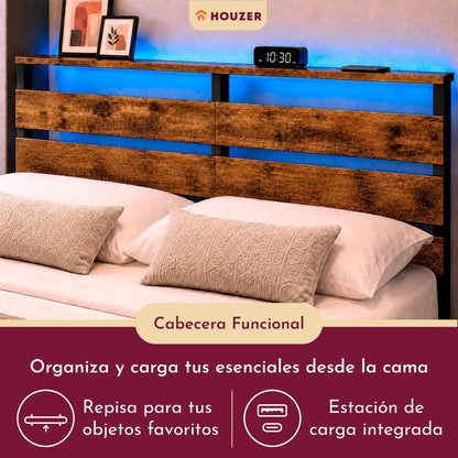 Base Cama Matrimonial Reforzada 750kg Cabecera Luz Led Usb C Marrón