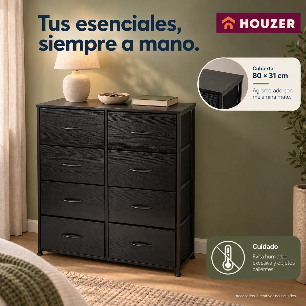 Comoda Cajonera Organizador Vertical 8 Cajones Acero Repisa Negro