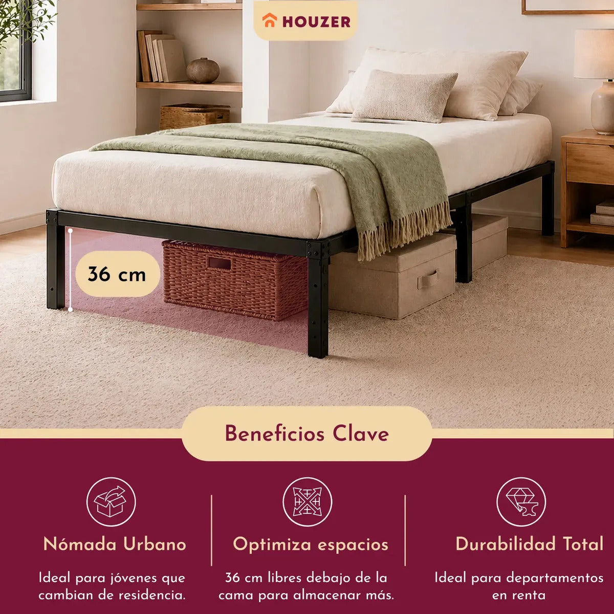 Base Cama Individual Plegable Acero Resistente 150kg Hogar Negro