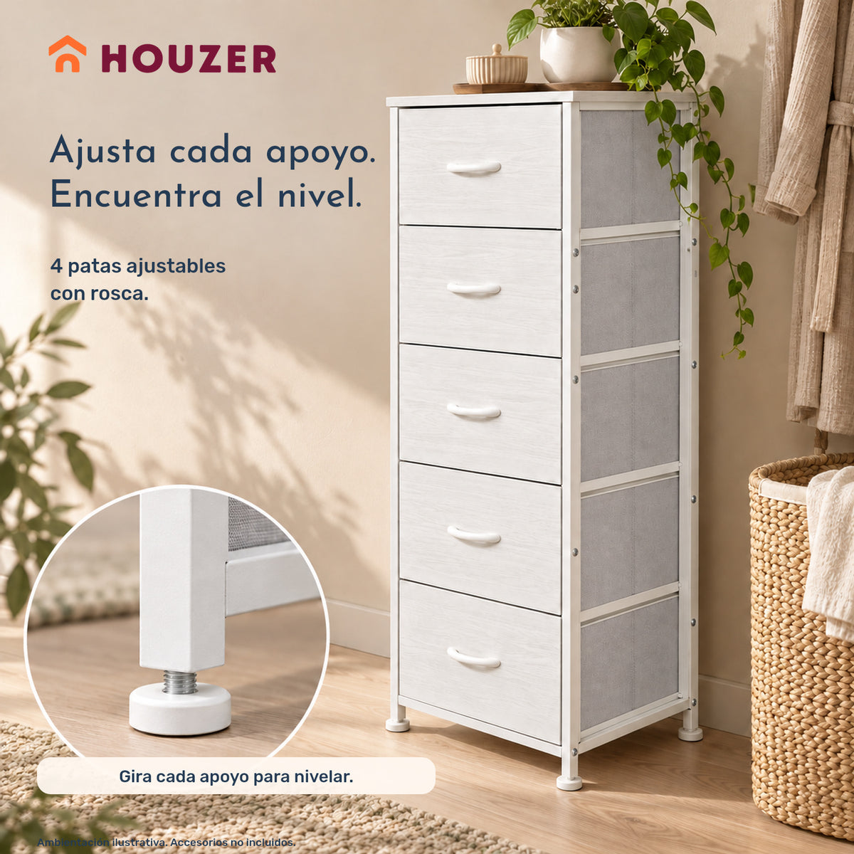 Comoda Cajonera Vertical 5 Cajones Acero Repisa Organizador Nórdico