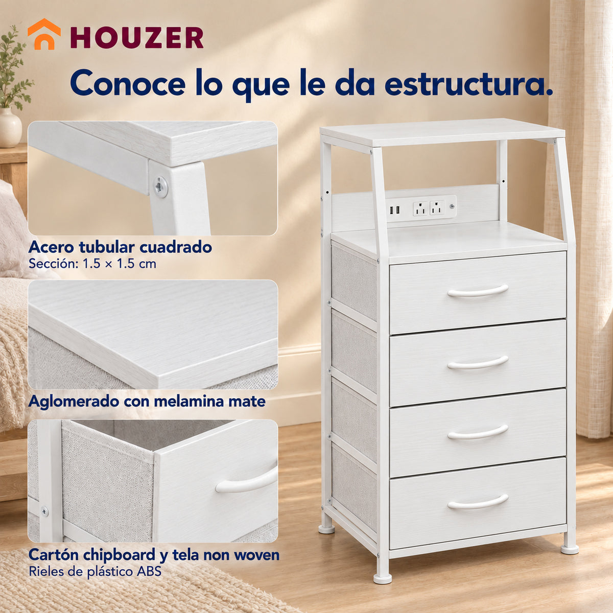 Buro Alto Mesa Noche 4 Cajones Organizador Enchufe Electrico Mate Nórdico