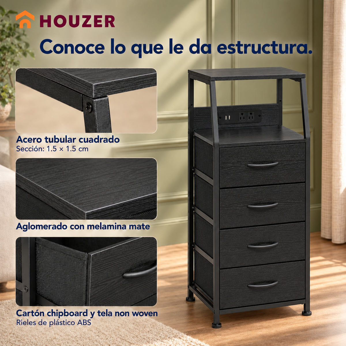 Buro Alto Mesa Noche 4 Cajones Organizador Enchufe Electrico Mate Volcano