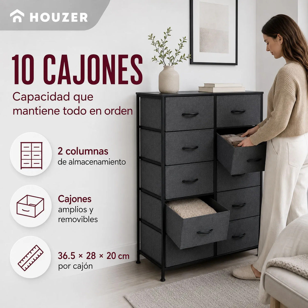 Comoda 10 Cajones Estructura Acero Cajonera Organizadora Gris