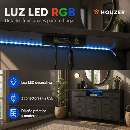 Comoda Cajonera 12 Cajones Tela Enchufes Usb Luz Led Rgb Negro
