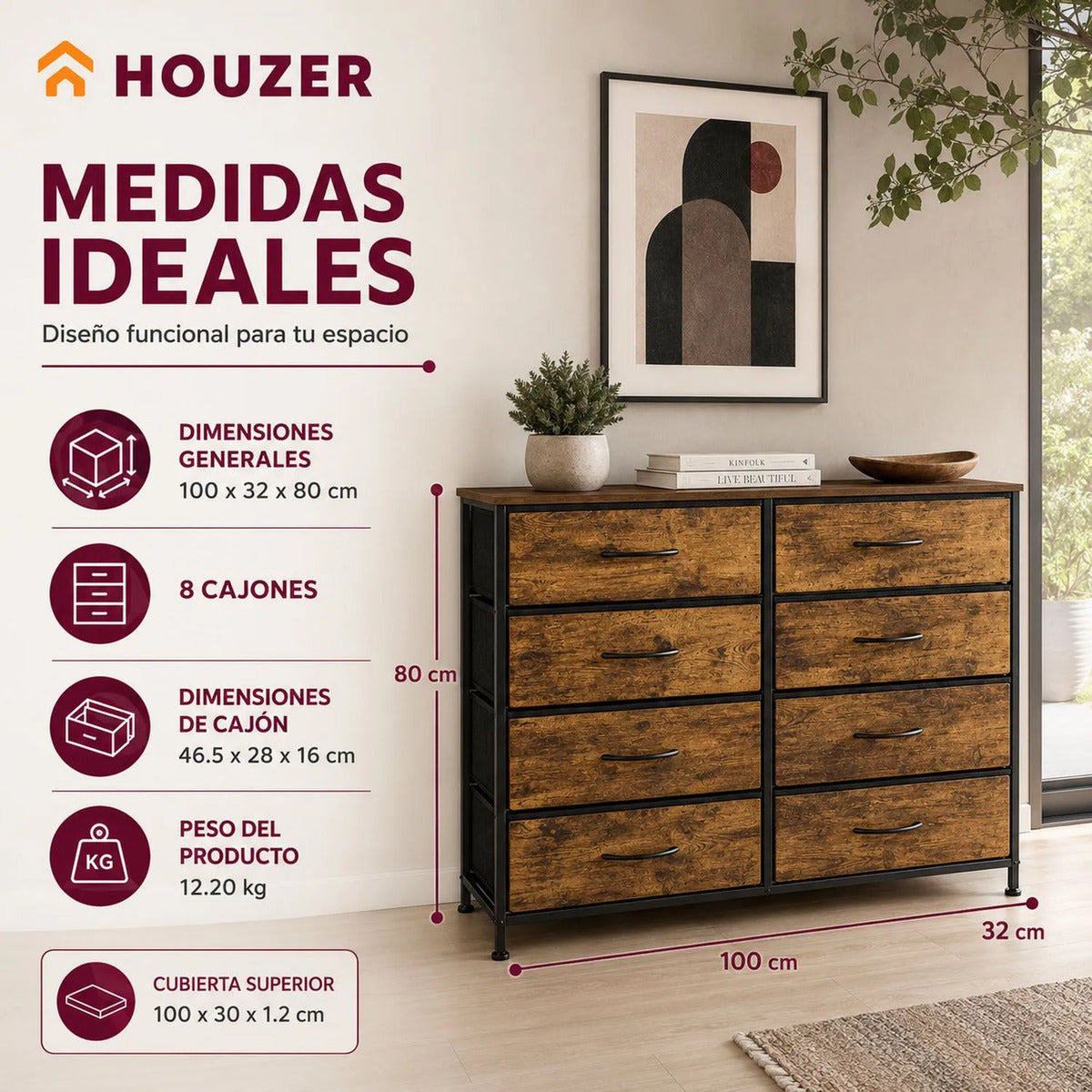 Comoda Cajonera Industrial Country 8 Cajones Organizador Marrón