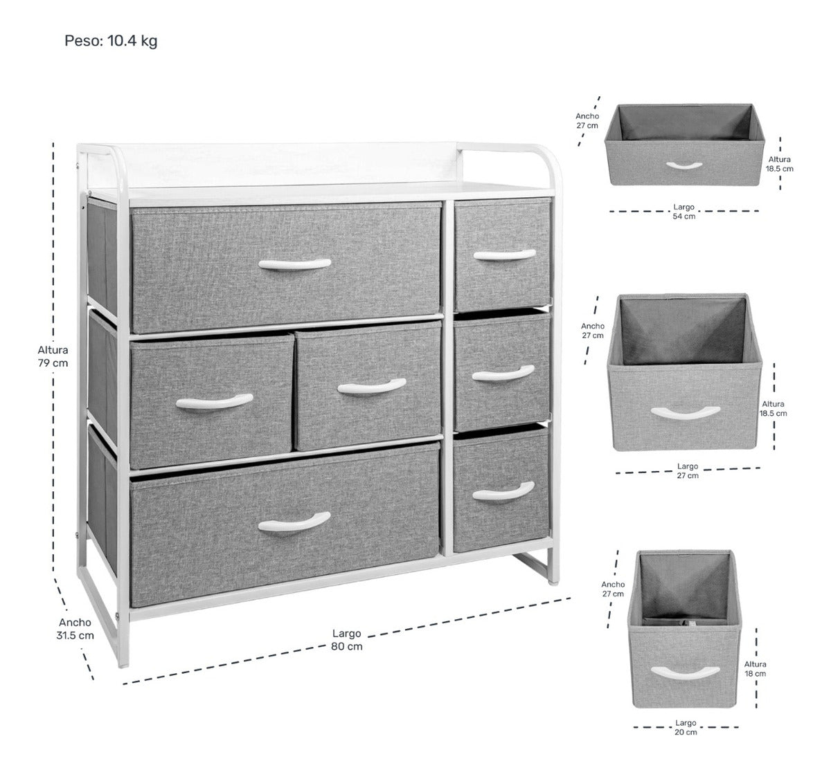 Mueble Buro Organizador Comoda Metal 7 Cajoneras Tela