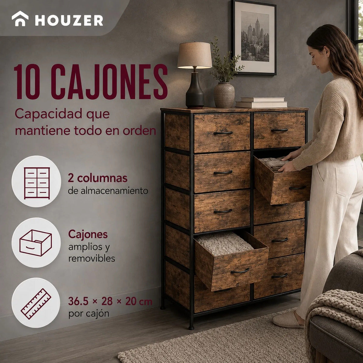 Comoda 10 Cajones Estructura Acero Cajonera Organizadora Marrón