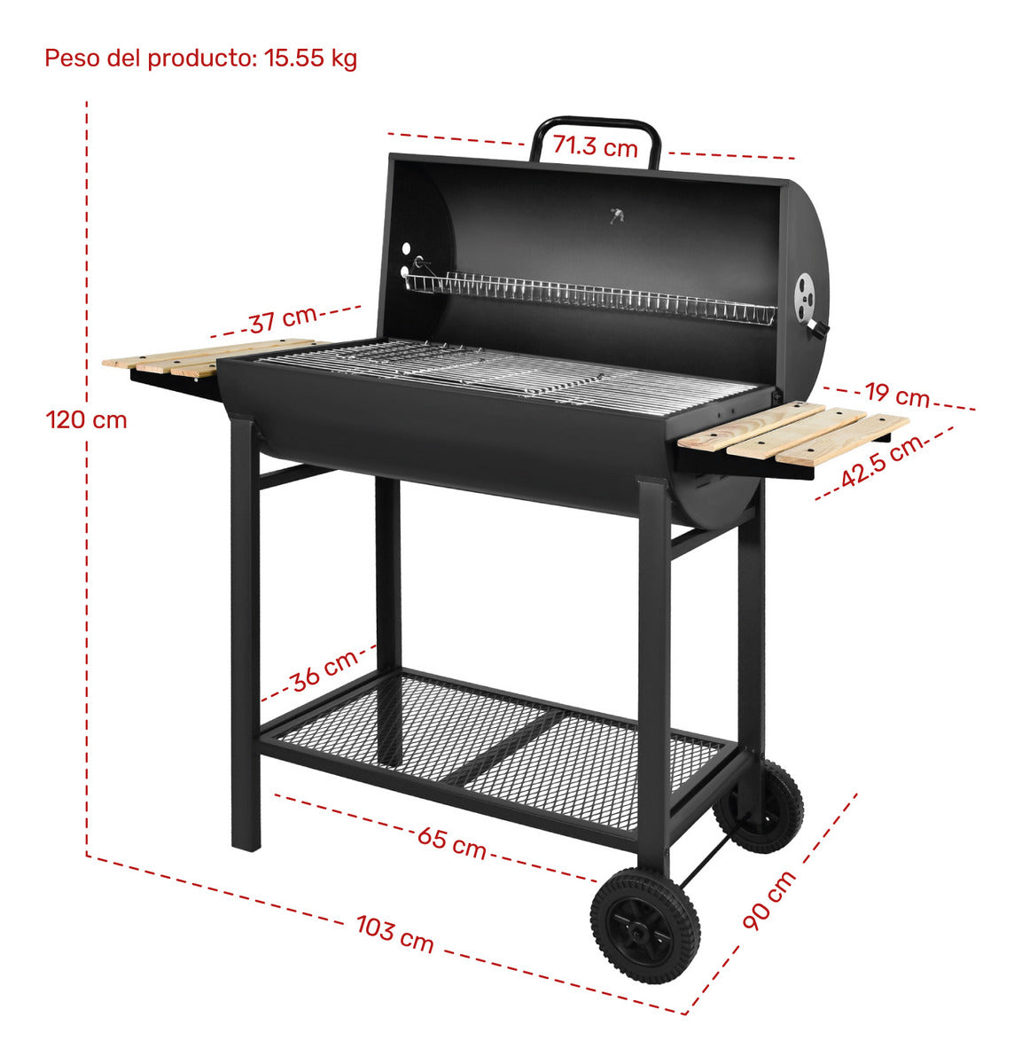 Asador Carbon Tipo Barril Parrilla Ahumador Bbq 1m C/ Ruedas