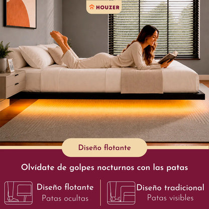 Base Cama King Flotante Reforzada 1000kg Led 202x192x20cm Negro