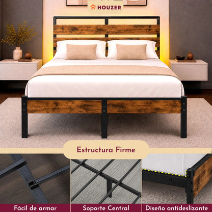 Base Cama Matrimonial Reforzada 750kg Cabecera Luz Led Usb C Marrón
