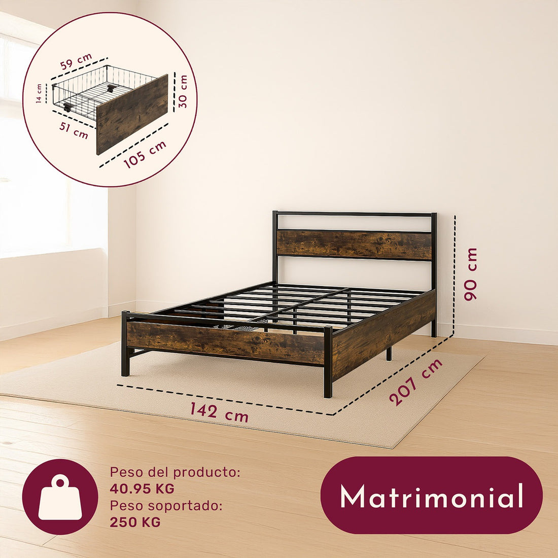 Base Cama Country Matrimonial Tipo Madera Cajones Metal