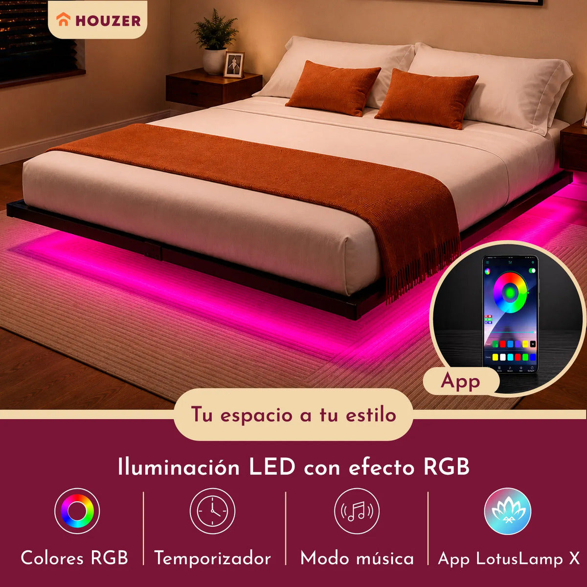 Base Cama Flotante Matrimonial Size Con Luces Led+app 191 Cm Negro
