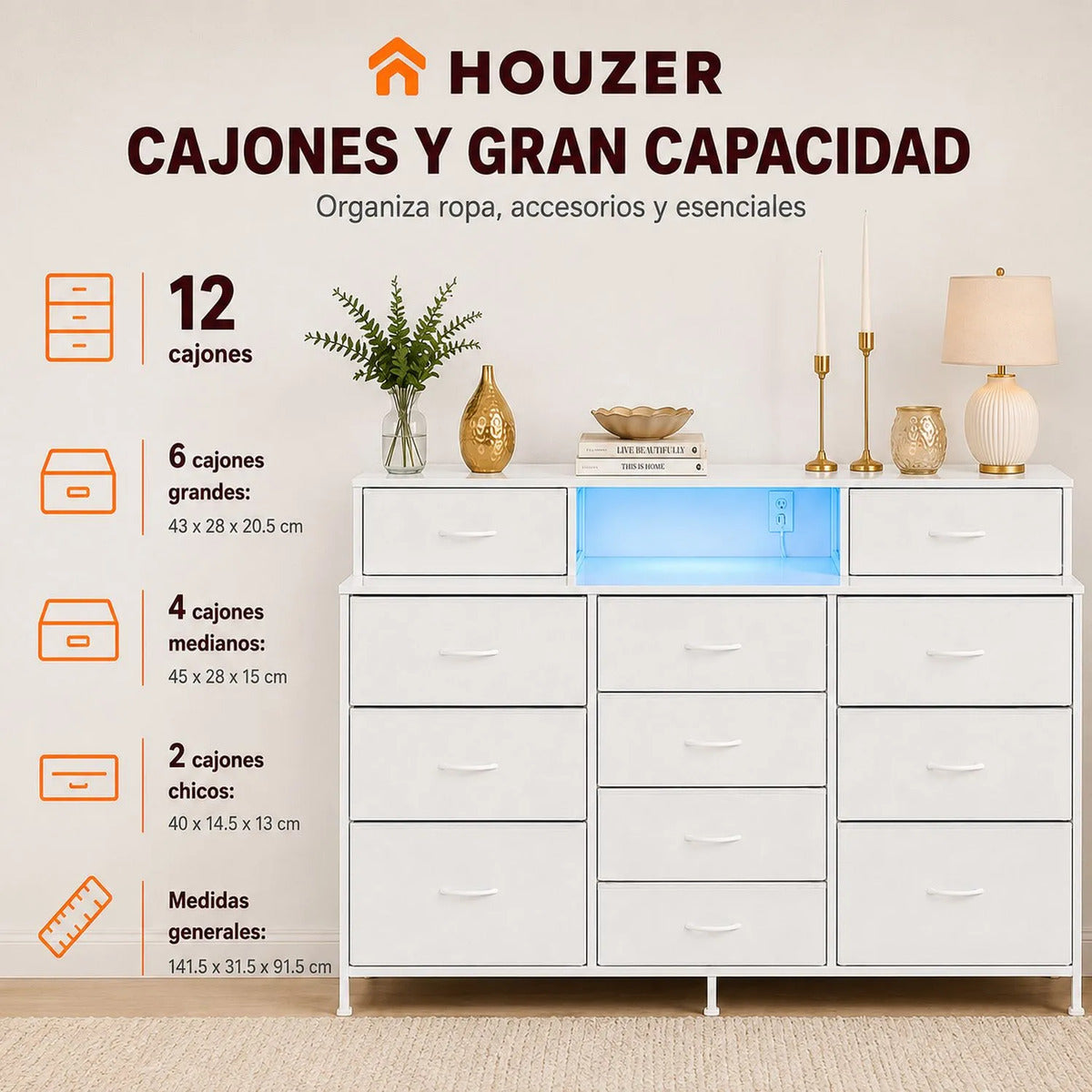 Comoda Cajonera 12 Cajones Tela Enchufes Usb Luz Led Rgb Blanco