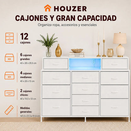 Comoda Cajonera 12 Cajones Tela Enchufes Usb Luz Led Rgb Blanco
