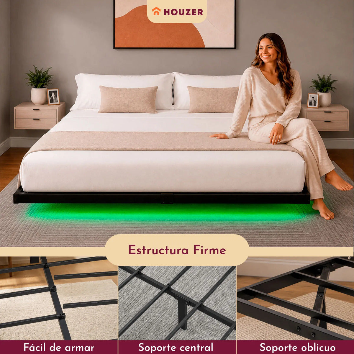 Base Cama King Flotante Reforzada 1000kg Led 202x192x20cm Negro