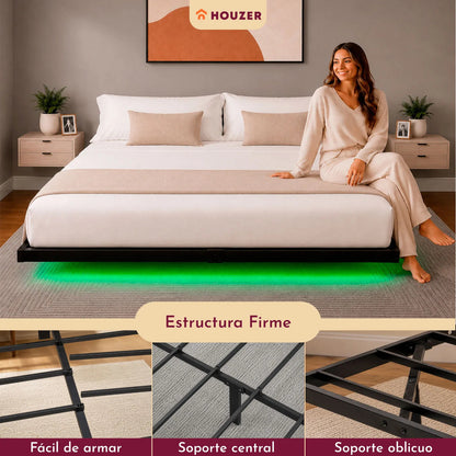 Base Cama King Flotante Reforzada 1000kg Led 202x192x20cm Negro
