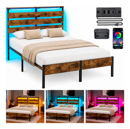 Base Cama Matrimonial Reforzada 750kg Cabecera Luz Led Usb C Marrón