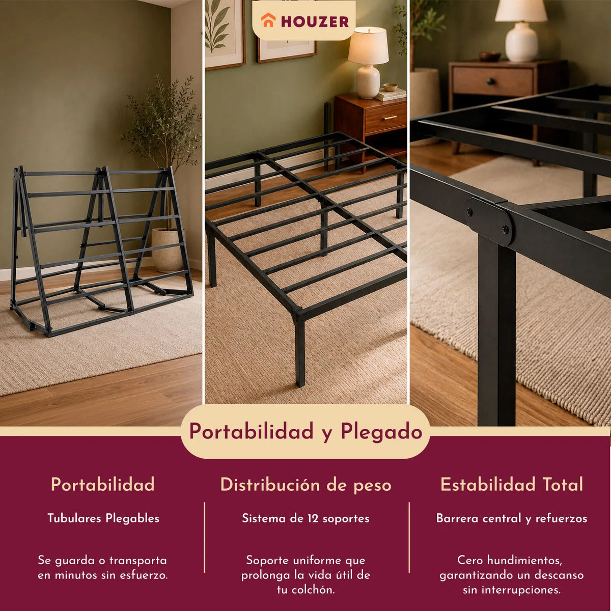 Base Cama Matrimonial Plegable Reforzada Soporta 500kg Acero Negro