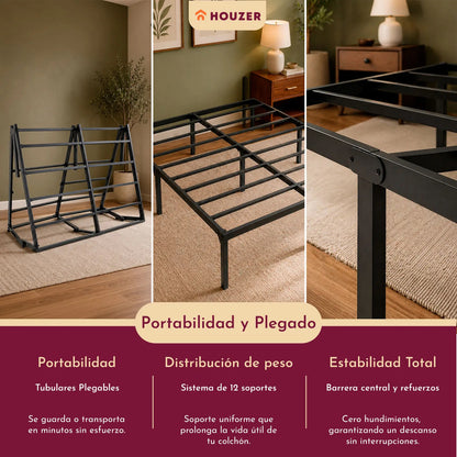 Base Cama Matrimonial Plegable Reforzada Soporta 500kg Acero Negro
