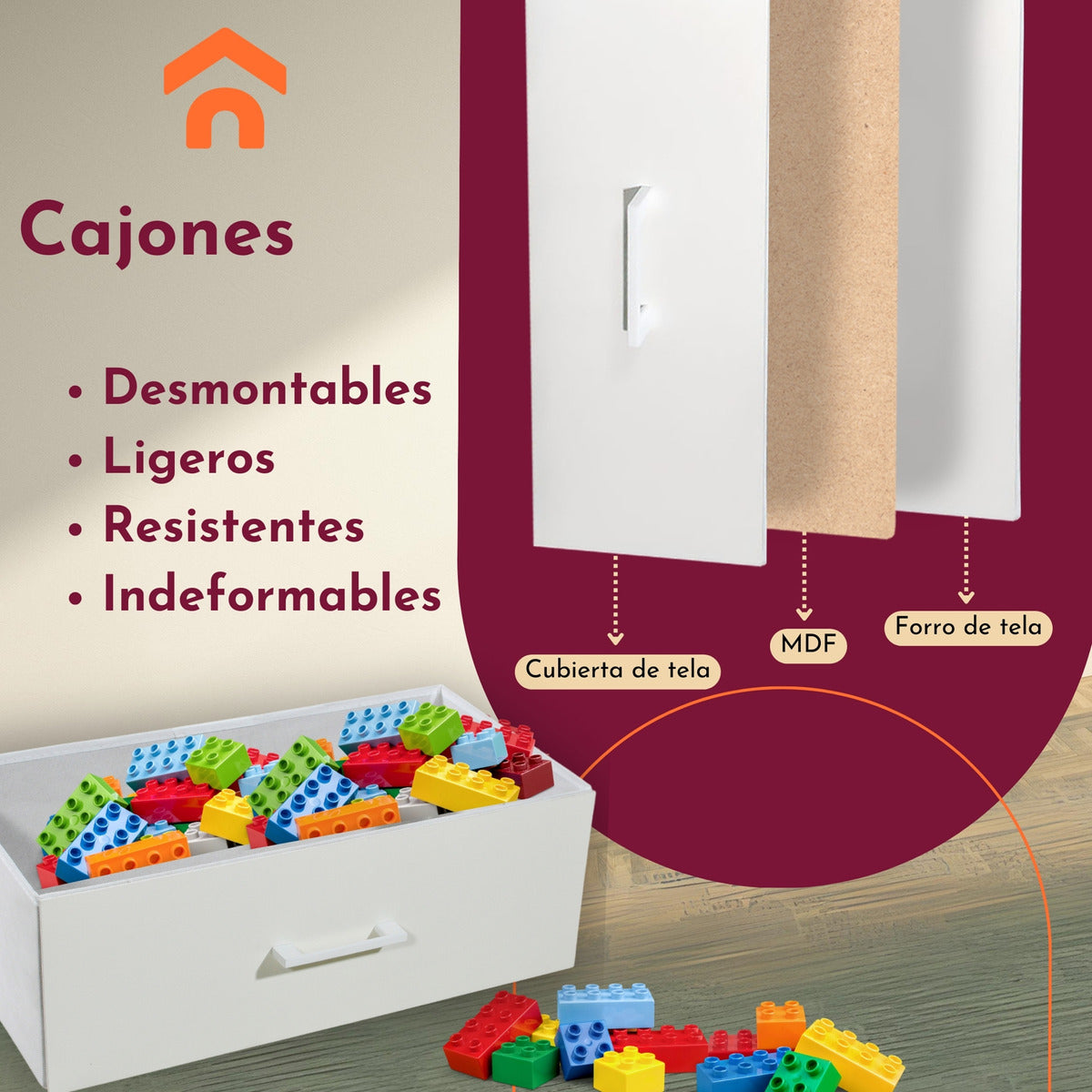 Comoda 8 Cajones Cajonera Tela Estructura Acero Mdf Color Beige