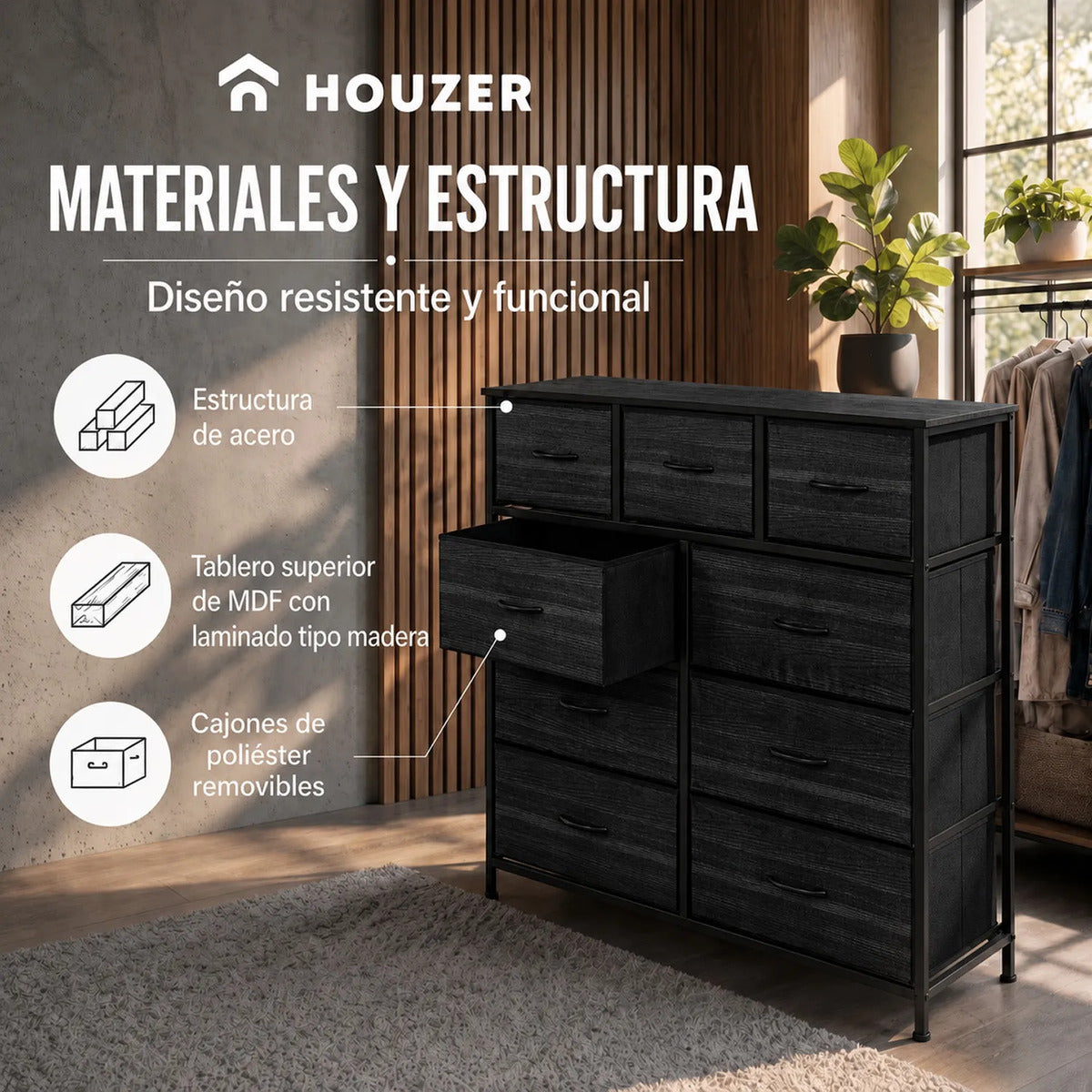 Comoda Cajonera 9 Cajones Tela Marco Acero Organizador Negro
