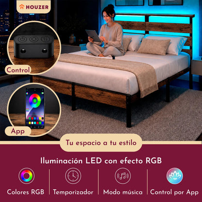 Base Cama Matrimonial Reforzada 750kg Cabecera Luz Led Usb C Marrón
