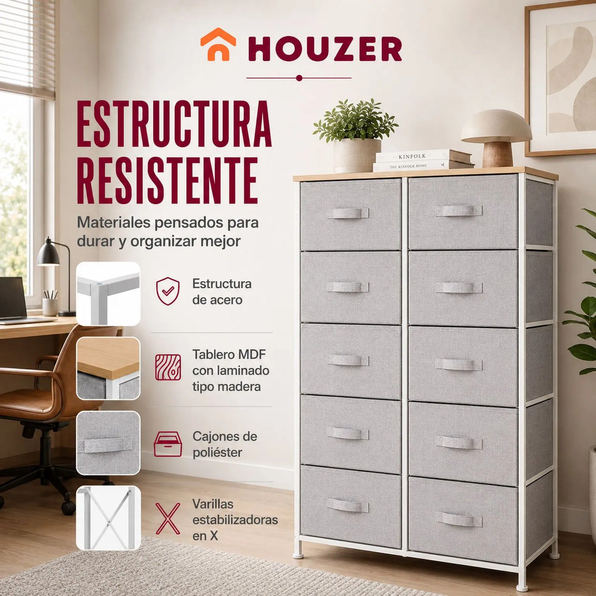 Comoda Cajonera 10 Cajones Estructura Acero Soporte 100 Kg Gris