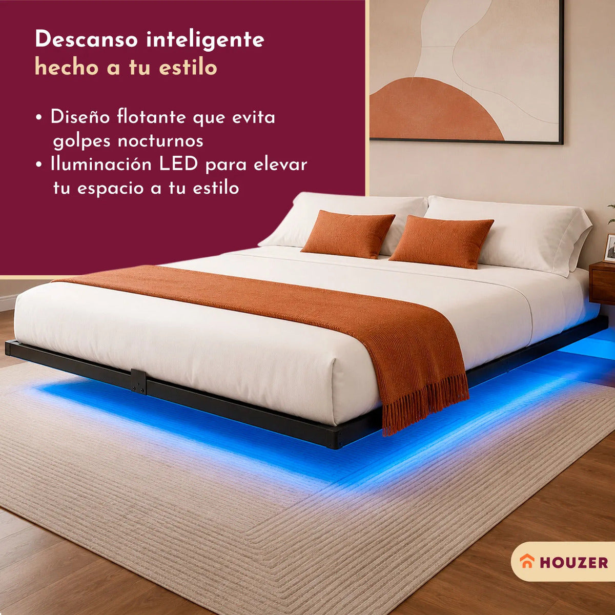 Base Cama Flotante Matrimonial Size Con Luces Led+app 191 Cm Negro