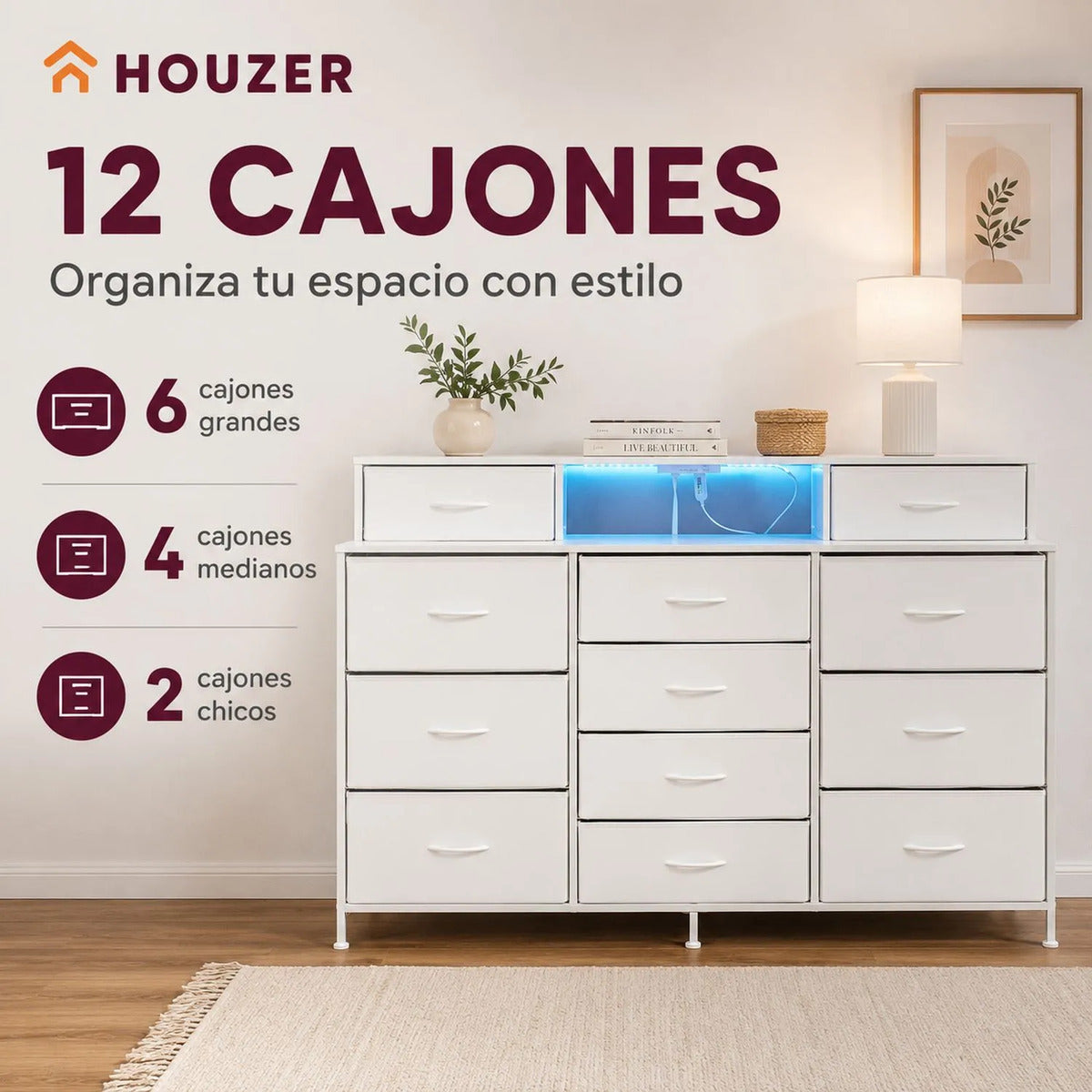 Comoda Cajonera 12 Cajones Tela Enchufes Usb Luz Led Rgb Blanco