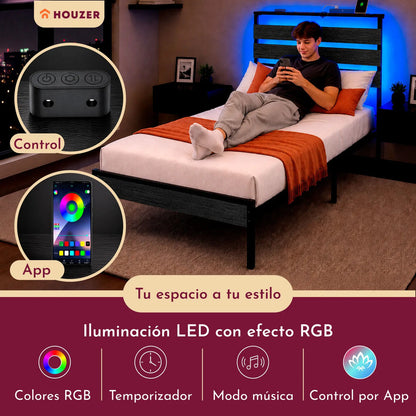 Base Cama Individual Moderna Luz Led Usb C Reforzada 300kg Negro
