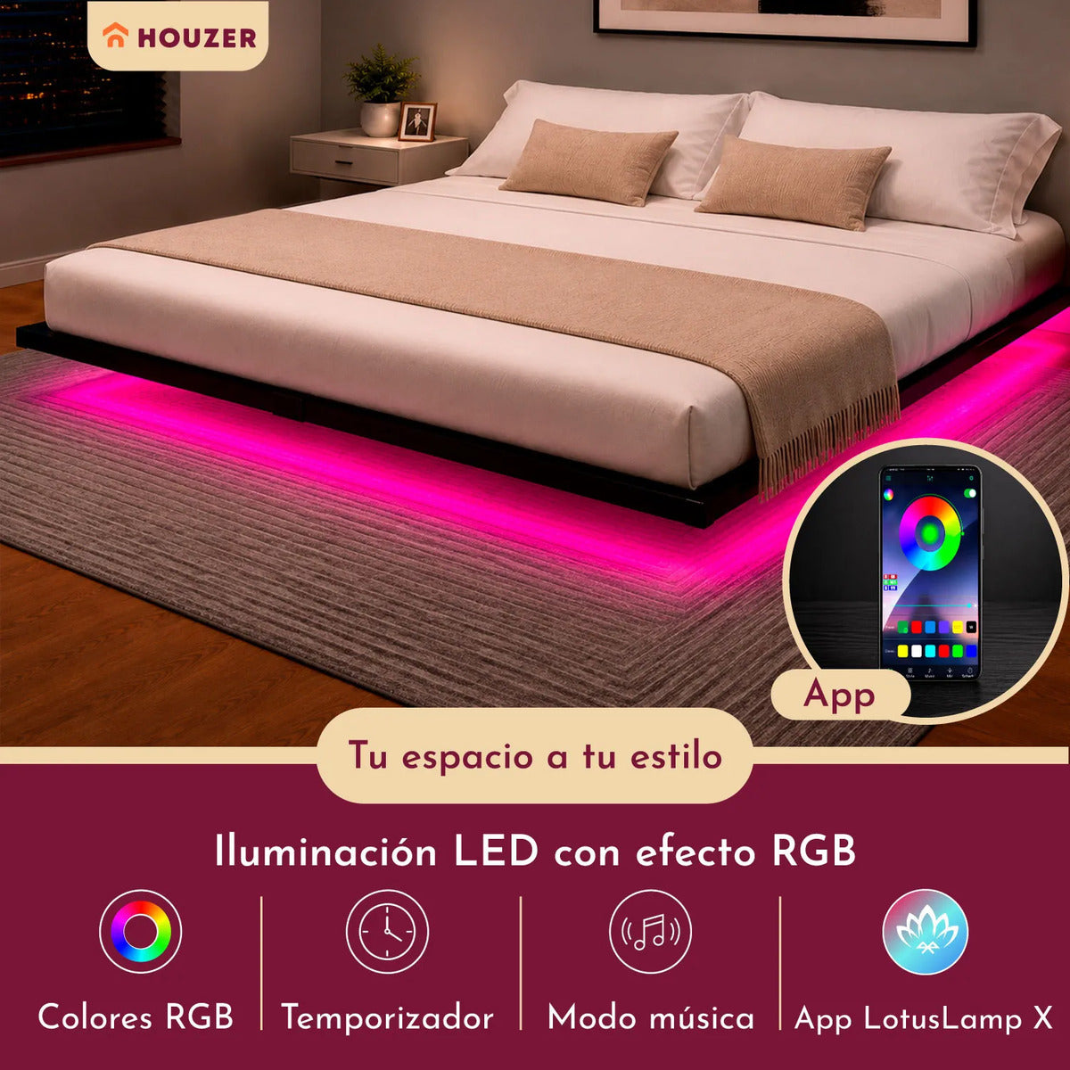 Base Cama King Flotante Reforzada 1000kg Led 202x192x20cm Negro
