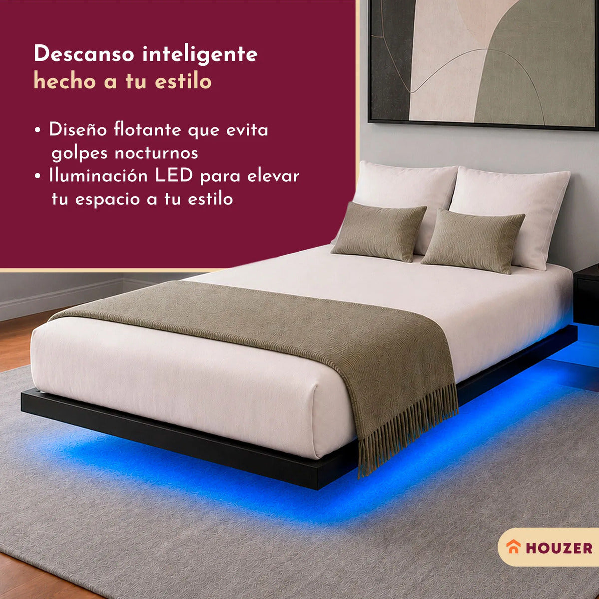 Base Cama Flotante Individual 300kg App Luz Led 190x99x20cm Negro