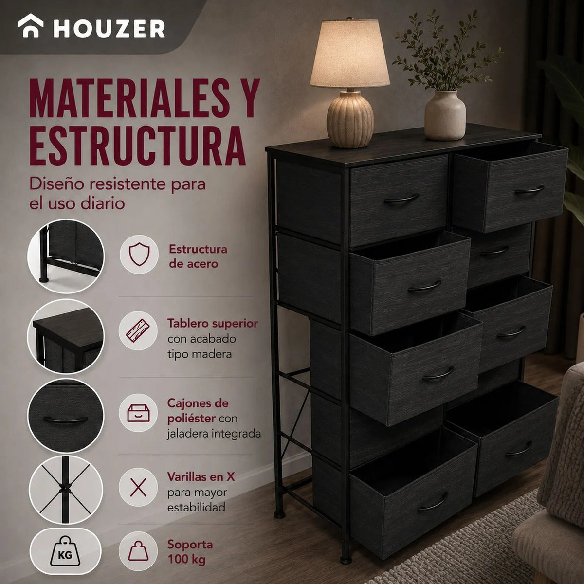 Comoda 10 Cajones Estructura Acero Cajonera Organizadora Negro
