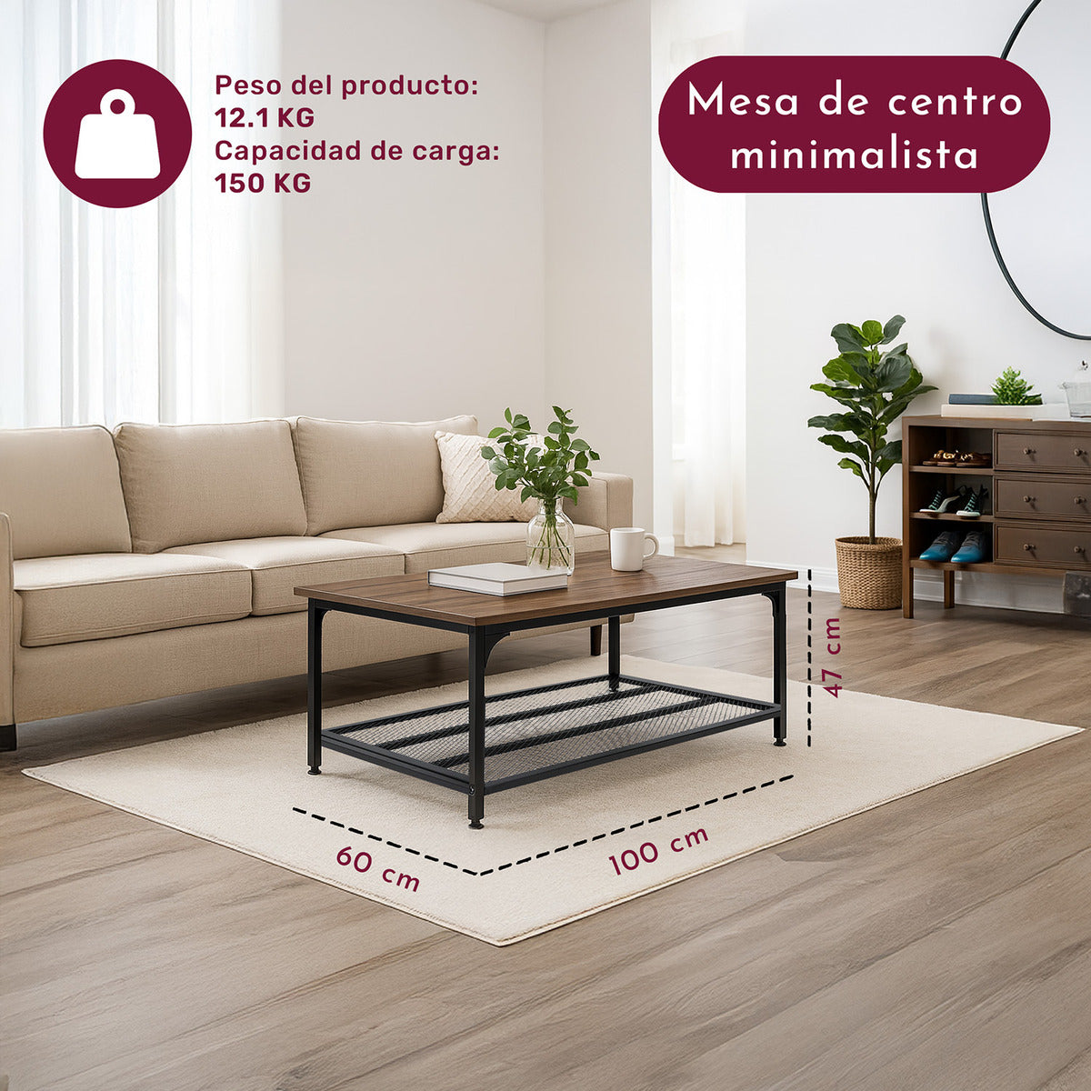 Mesa Centro Minimalista Industrial 100 X 60 X 47 Cm Acero