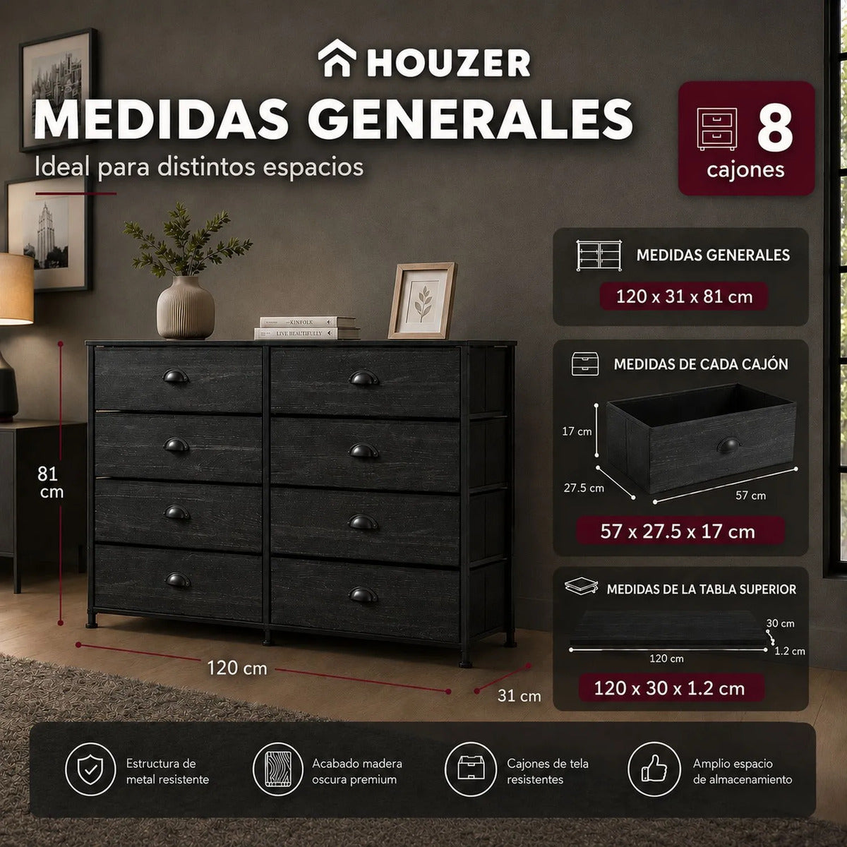 Comoda Cajonera 8 Cajones Mueble Organizador Ropa Negro Negro