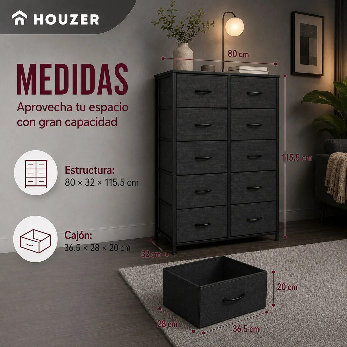 Comoda 10 Cajones Estructura Acero Cajonera Organizadora Negro