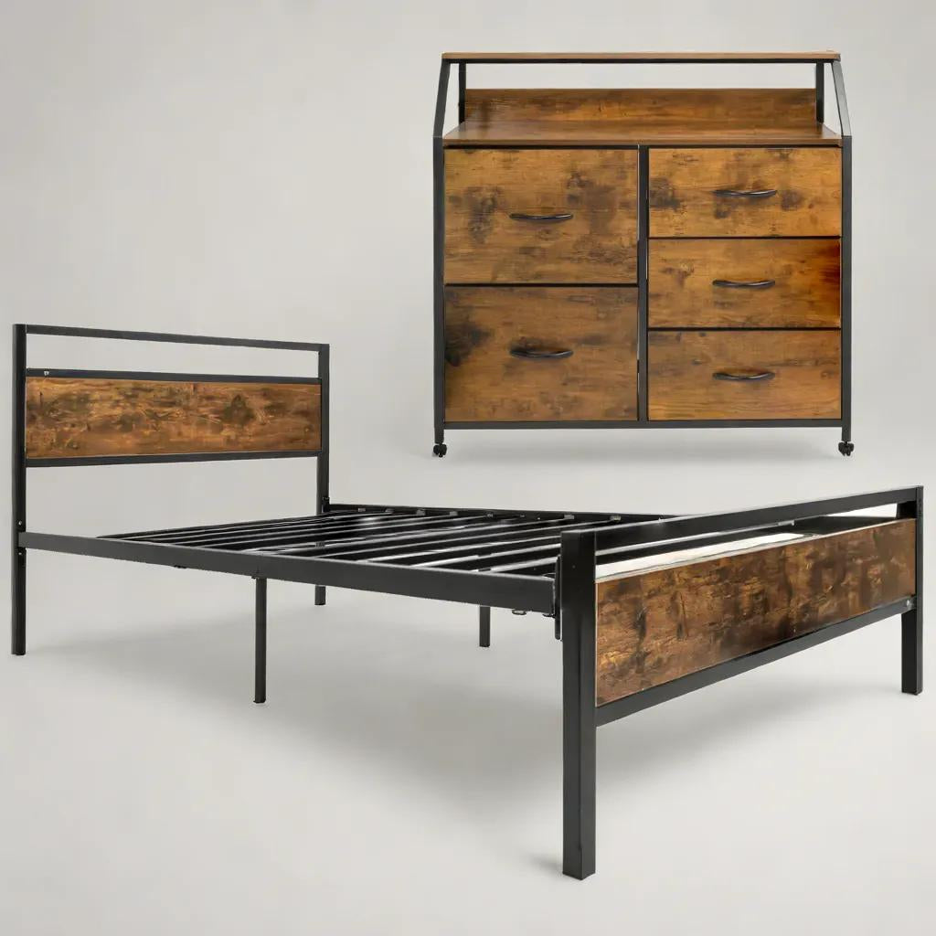 Cama Base Individual + Comoda 5 Cajones Country Moderna