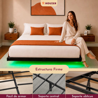 Base Cama Flotante Matrimonial Size Con Luces Led+app 191 Cm Negro